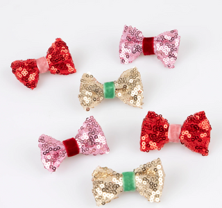 Sequin and Velvet Mini Bow Hair Clips (x6)