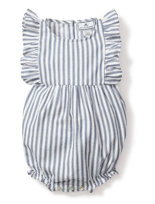 Navy French Ticking Ruffled Romper