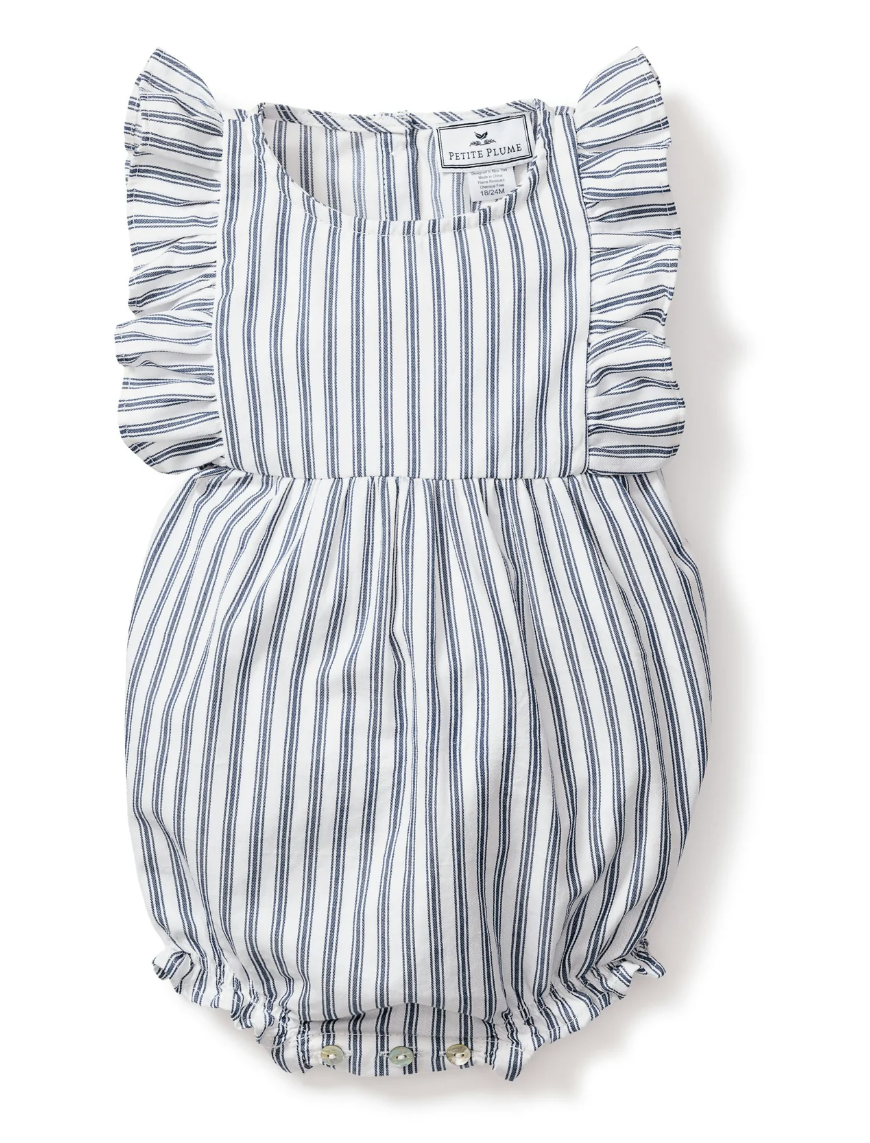 Navy French Ticking Ruffled Romper