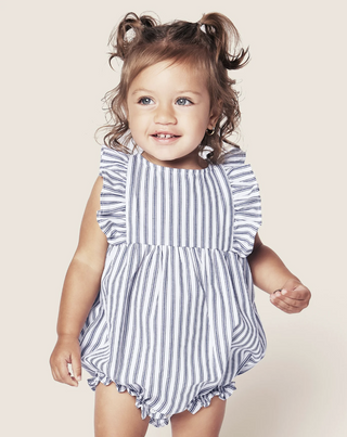 Navy French Ticking Ruffled Romper