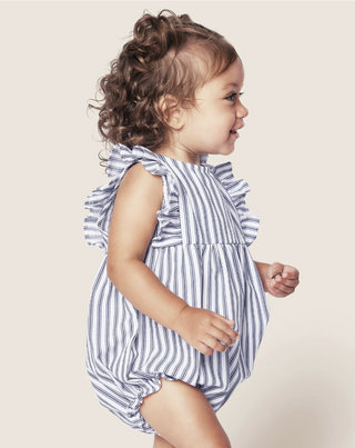 Navy French Ticking Ruffled Romper