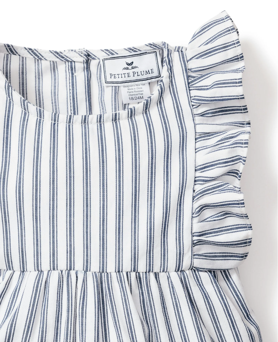 Navy French Ticking Ruffled Romper