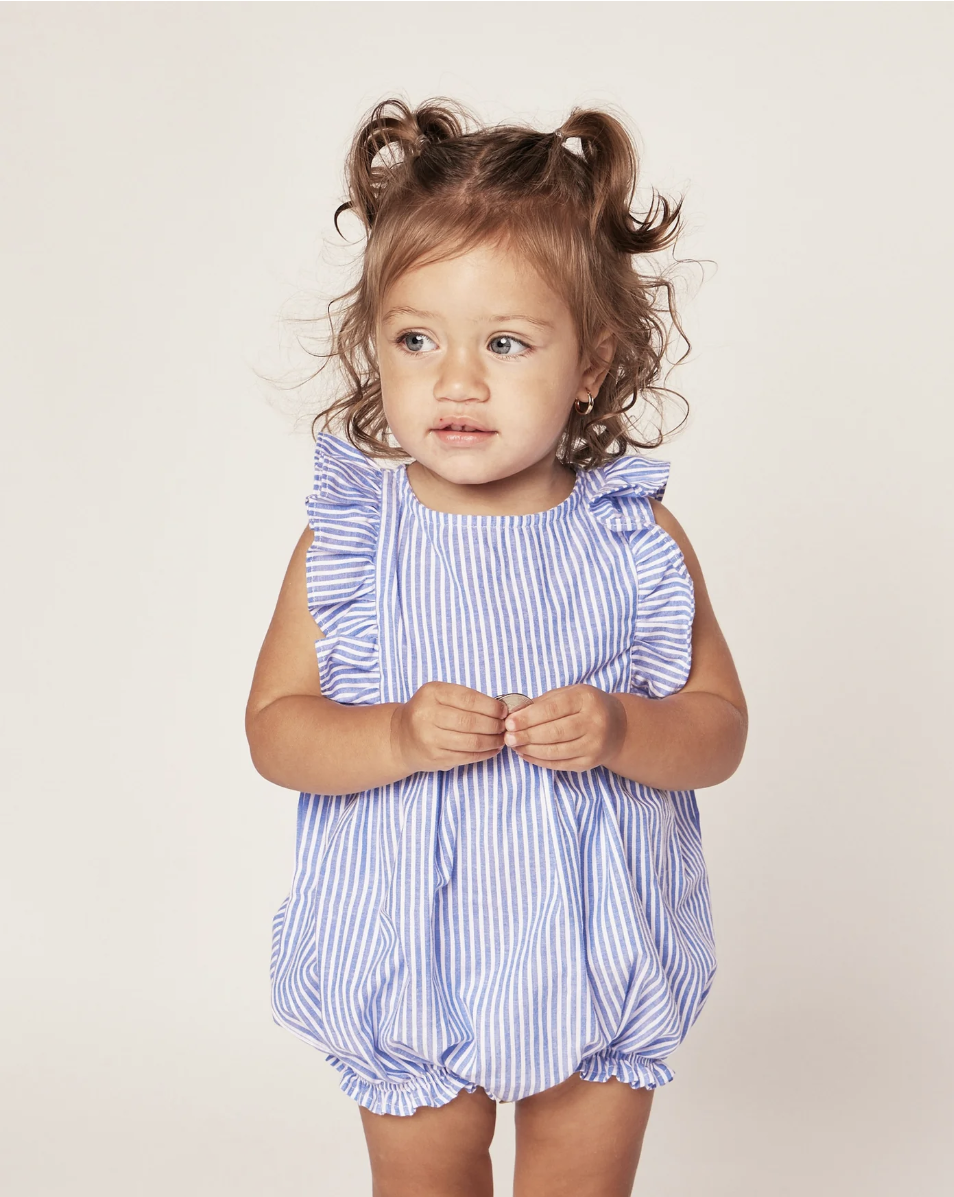 French Blue Stripe Ruffled Romper