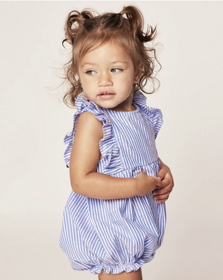 French Blue Stripe Ruffled Romper