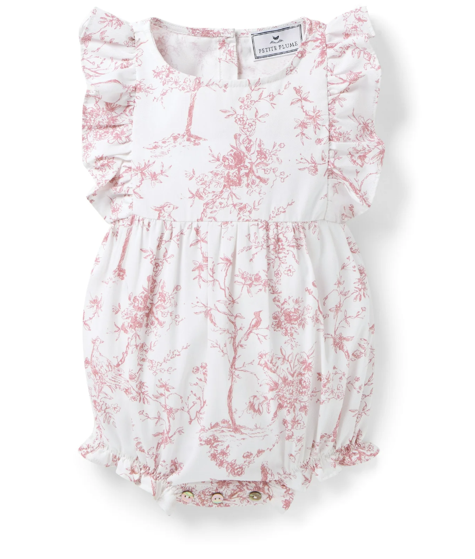 Infants Twill Ruffled Romper in Pink Timeless Toile
