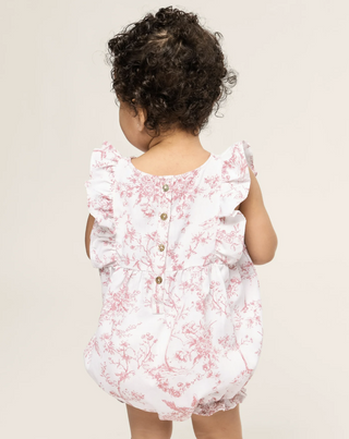 Infants Twill Ruffled Romper in Pink Timeless Toile