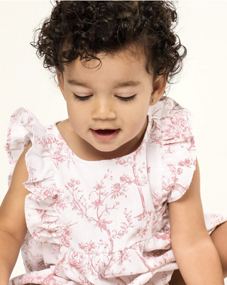 Infants Twill Ruffled Romper in Pink Timeless Toile