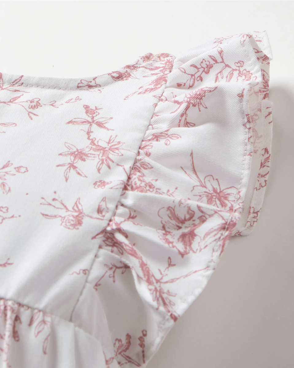 Infants Twill Ruffled Romper in Pink Timeless Toile