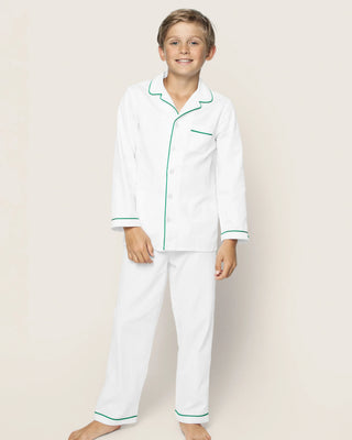 Kid's Twill Pajama Set in White with Green Piping