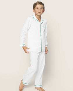 Image of Kid's Twill Pajama Set in White with Green Piping