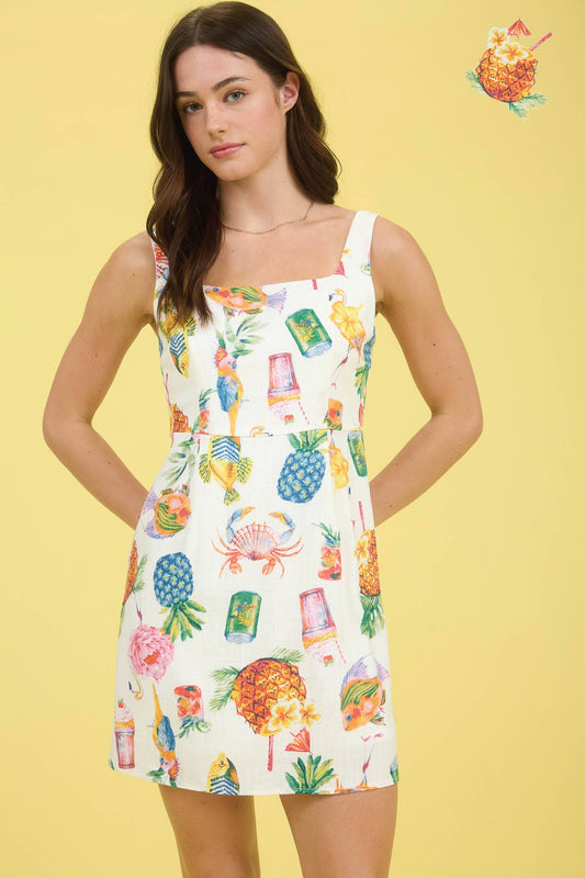 Moon River - TROPICAL SUMMER PRINT SLEEVELESS LINEN MINI DRESS