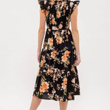 Moon River - SMOCKED TIERED FLORAL MIDI DRESS: BLACK MULTI