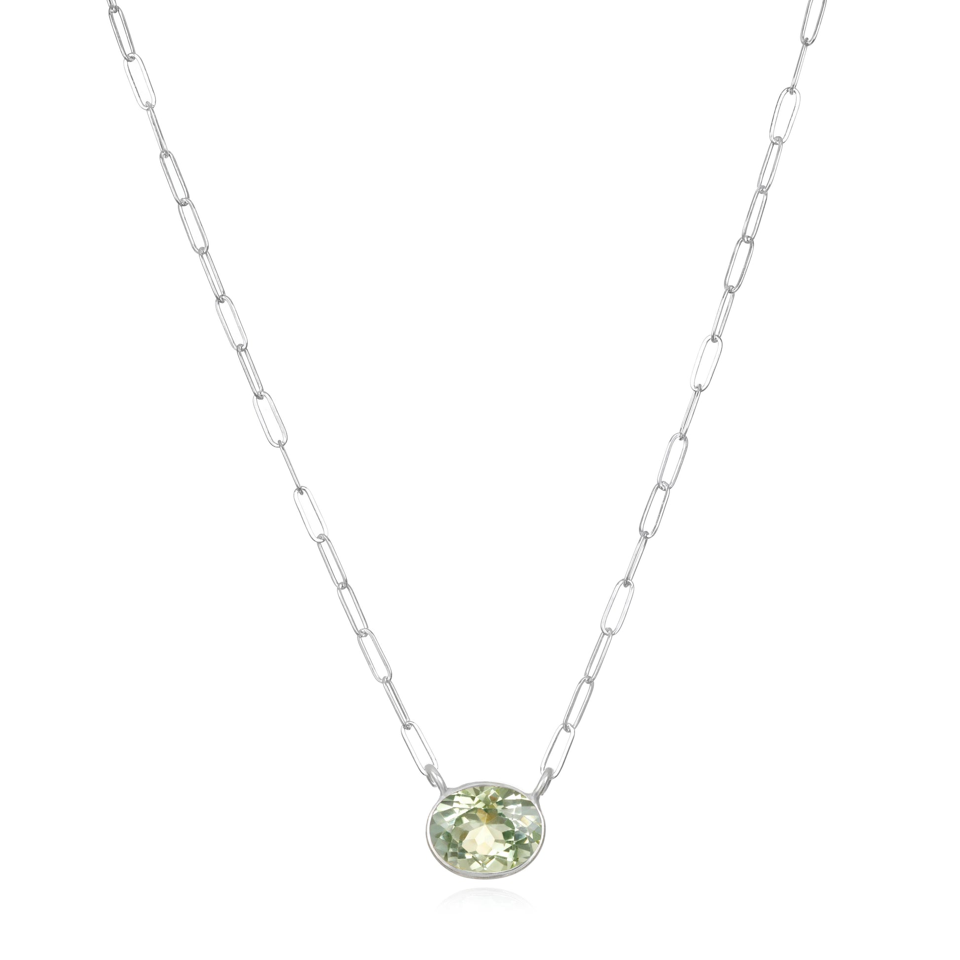 Gem drop Bezel Paperclip Necklace-Green Amethyst