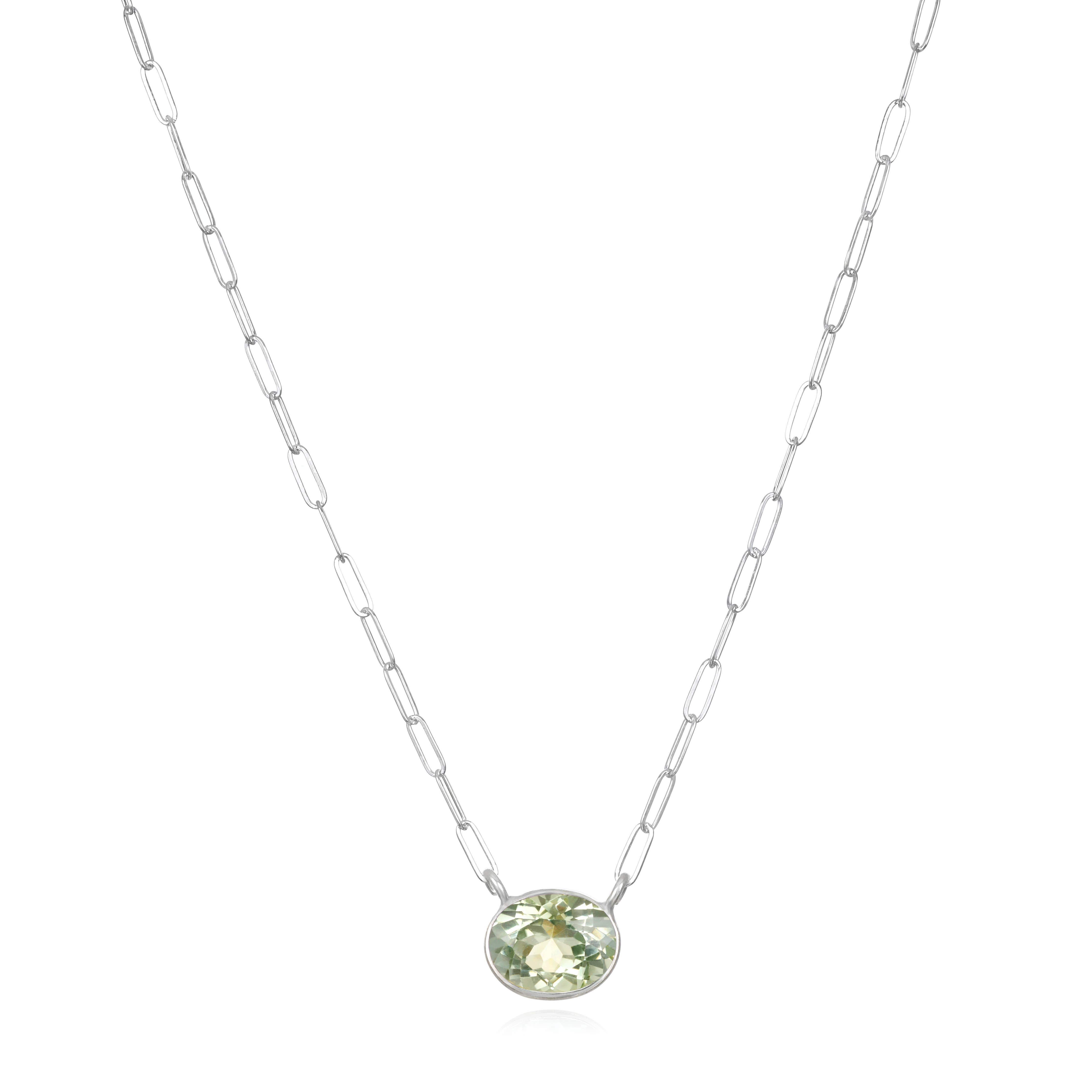 Gem drop Bezel Paperclip Necklace-Green Amethyst