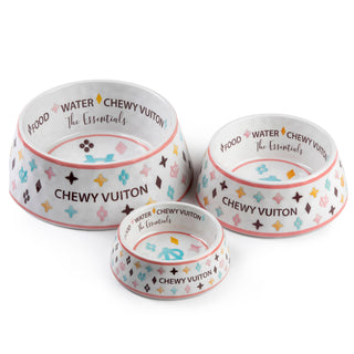 Haute Diggity Dog - White Chewy Vuiton Bowls & Mat  Set Dog Food Bowl: Medium