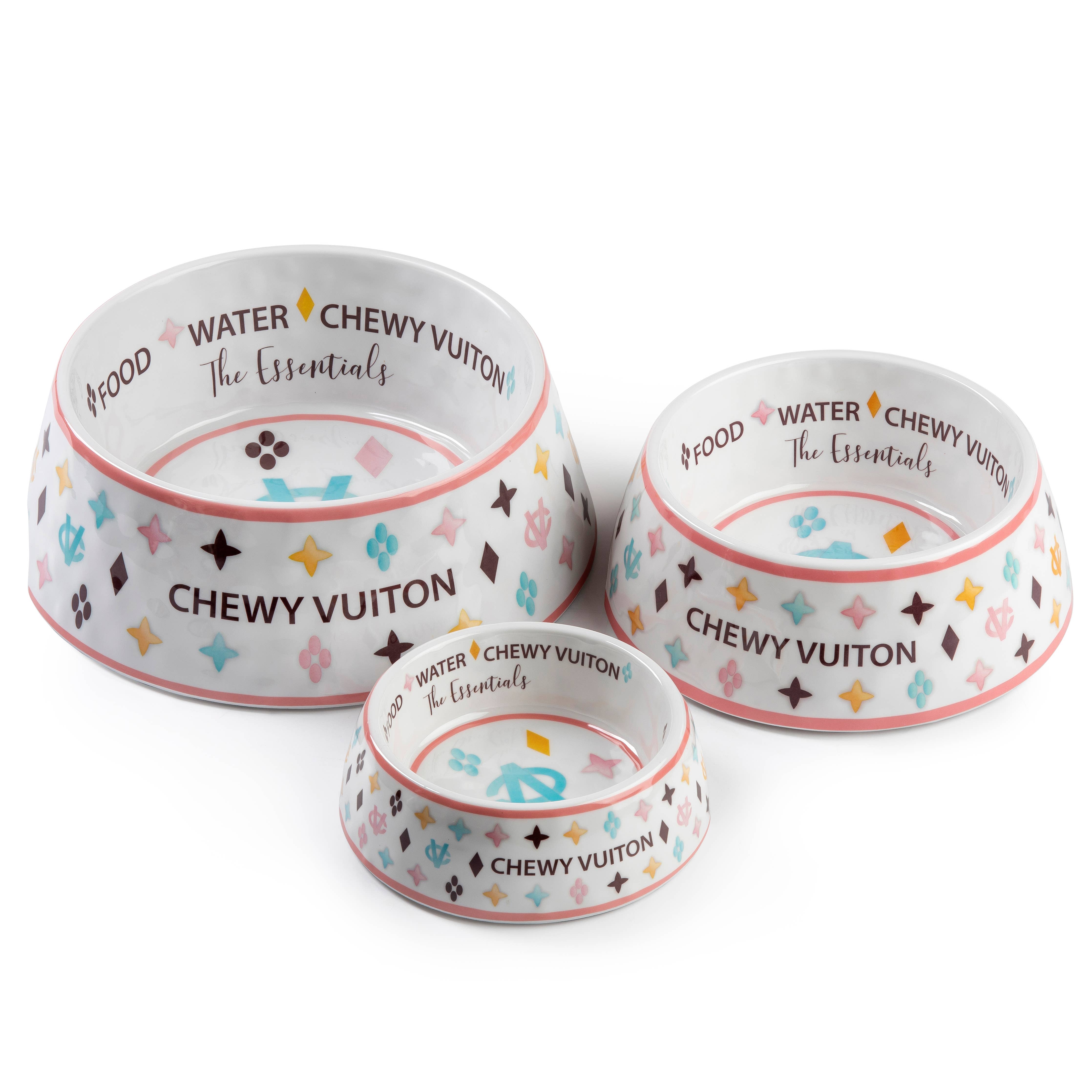 Haute Diggity Dog - White Chewy Vuiton Bowls & Mat  Set Dog Food Bowl: Medium