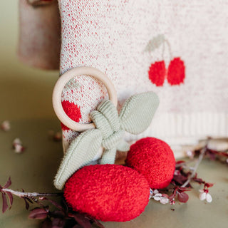 Viverano Organics - Cherry Organic Baby Blanket + Ring Rattle Toy Gift Set
