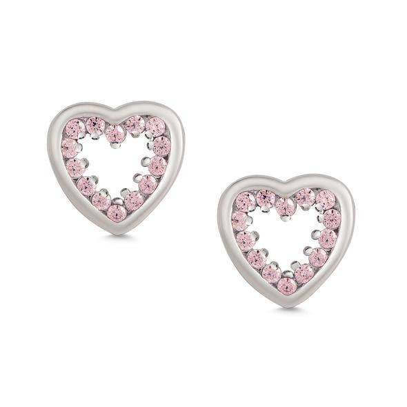 Inlaid Pink CZ Open Heart Studs - Sterling Silver