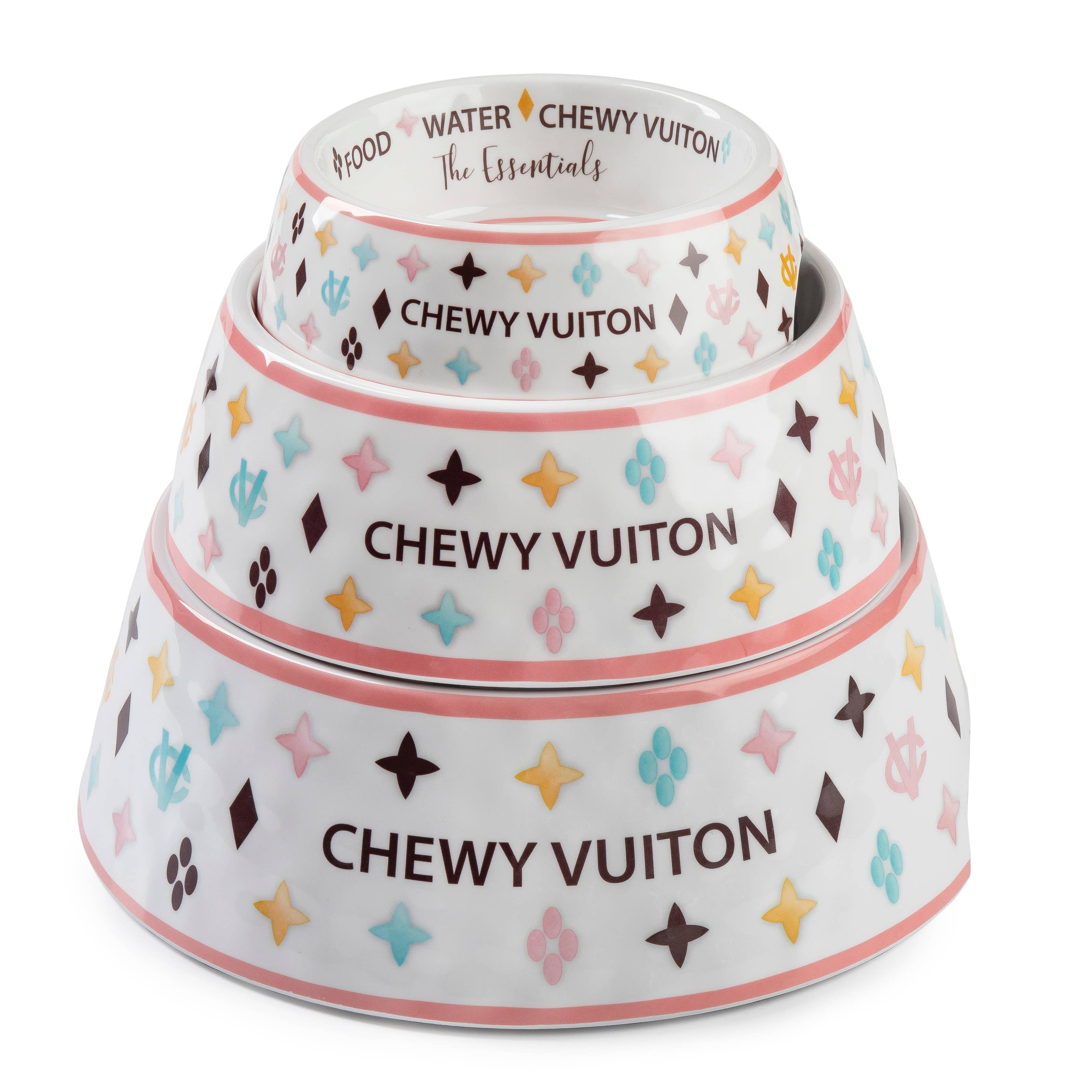 Haute Diggity Dog - White Chewy Vuiton Bowls & Mat  Set Dog Food Bowl: Medium