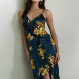 Moon River - FLORAL SLEEVELESS RUFFLE WRAP MAXI DRESS: BLACK MULTI