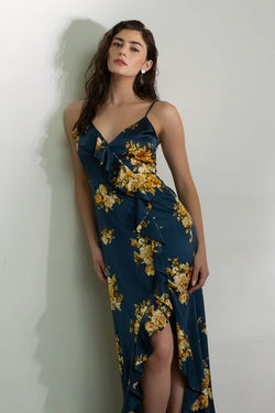 Image of Floral Sleeveless Ruffle Wrap Dress