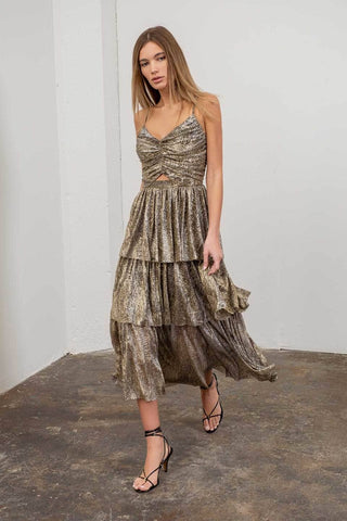 Metallic Cut-Out Tiered Maxi Dress