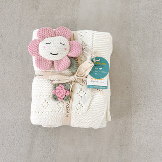 Viverano Organics - Flower Pointelle Knit Baby Blanket & Flower Rattle Gift Set