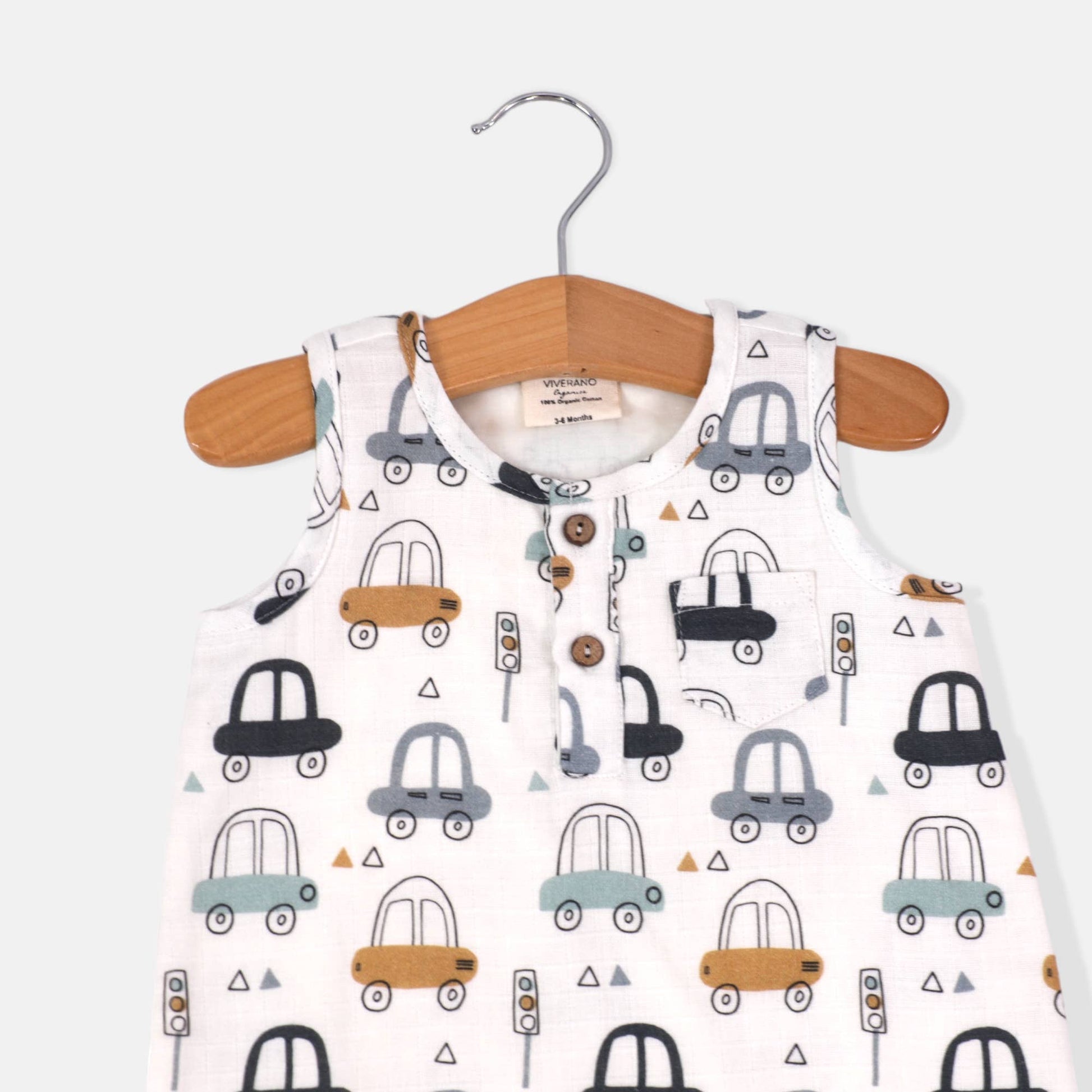 Viverano Organics - Cars Henley Sleeveless Baby Romper (Organic Muslin)