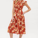 Moon River - SMOCKED TIERED FLORAL MIDI DRESS: BLACK MULTI