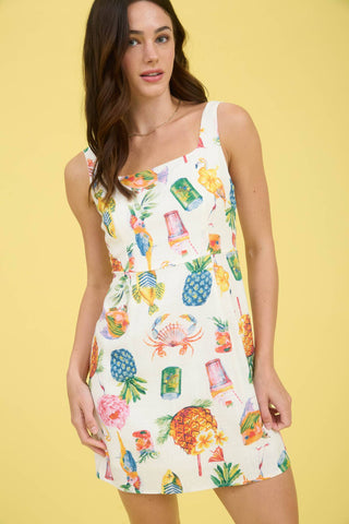 Moon River - TROPICAL SUMMER PRINT SLEEVELESS LINEN MINI DRESS