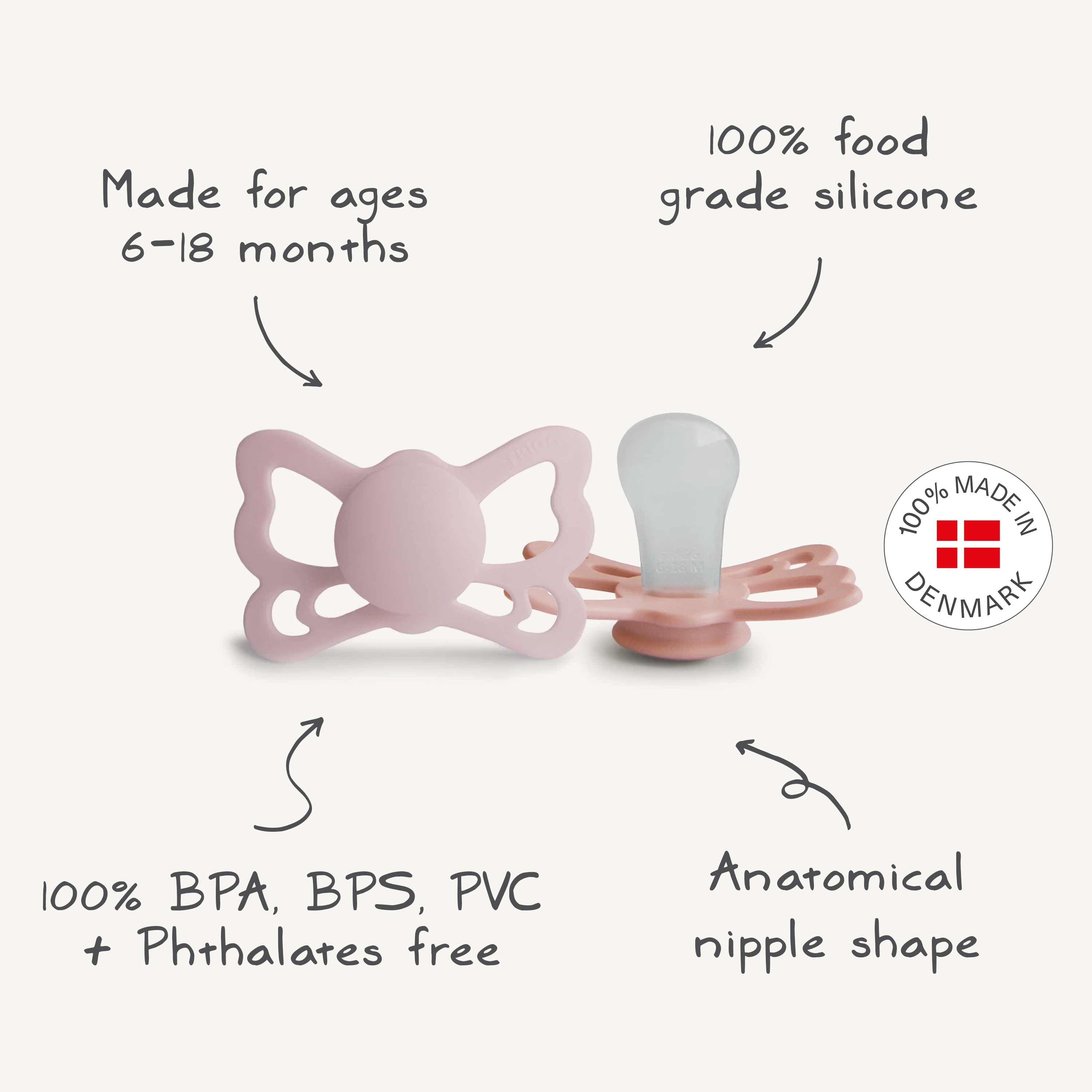 Image of FRIGG Butterfly Anatomical Silicone Pacifier 2-Pack (6-18 Months)