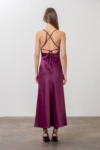Satin Deep V Tie Back Midi Dress