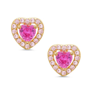 CZ Heart Halo Stud Earrings - 2-Tone Pink