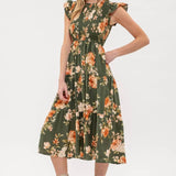 Moon River - SMOCKED TIERED FLORAL MIDI DRESS: BLACK MULTI