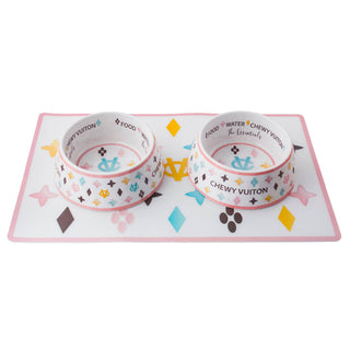 Haute Diggity Dog - White Chewy Vuiton Bowls & Mat  Set Dog Food Bowl: Medium