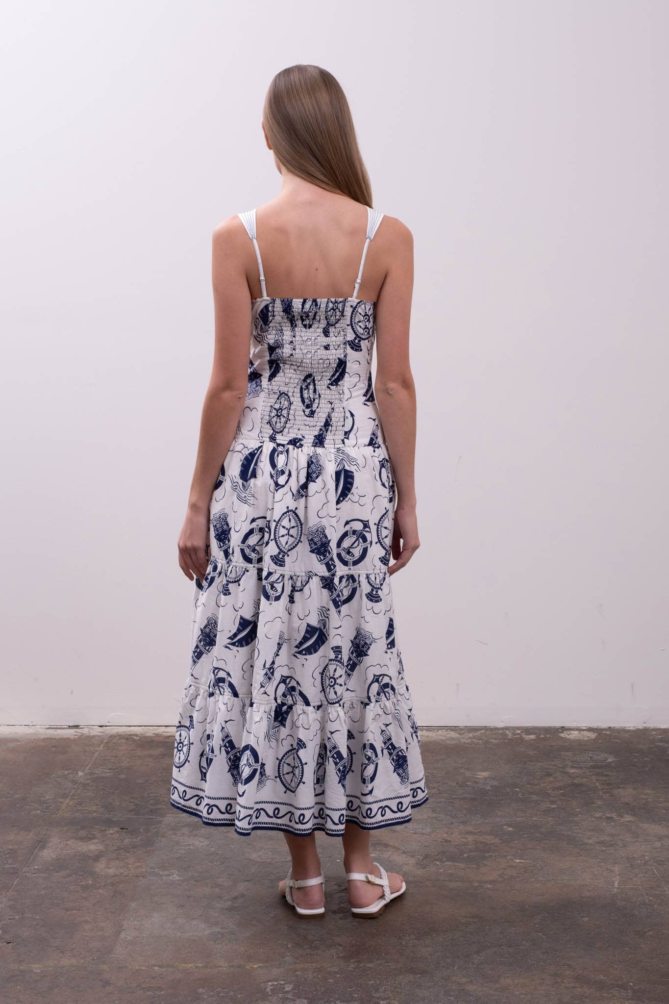 Image of Moon River - SAILOR PRINT SLEEVELESS TIERED MIDI DRESS