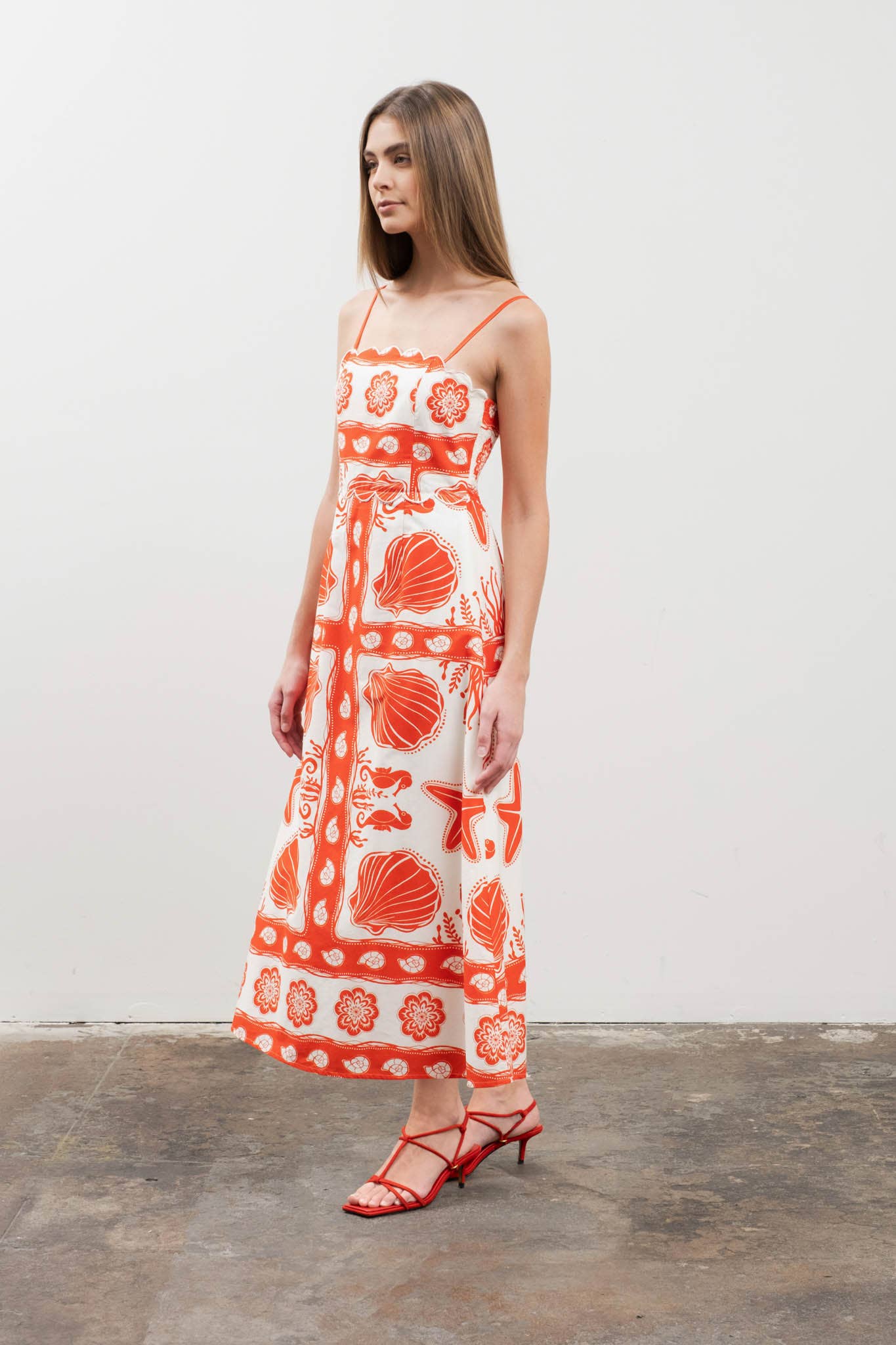Image of Moon River - SEA PRINT SCALLOP DETAIL MIDI DRESS