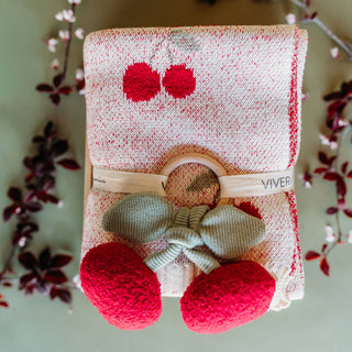 Viverano Organics - Cherry Organic Baby Blanket + Ring Rattle Toy Gift Set