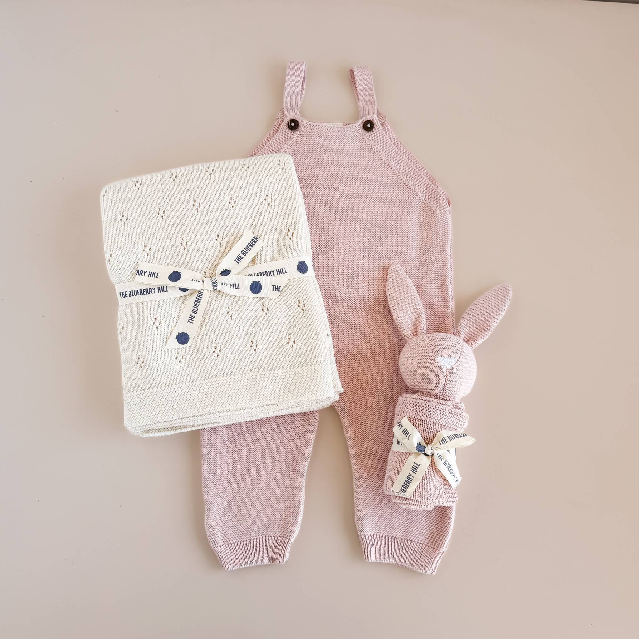 Image of The Blueberry Hill - Blush Bunny Lovey Cream Blanket Set Organic Cotton Baby Gift