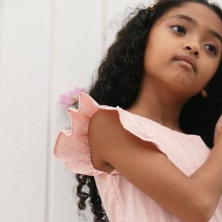 Hope and Henry - Organic Seersucker Ruffle Sleeve Peplum Dress