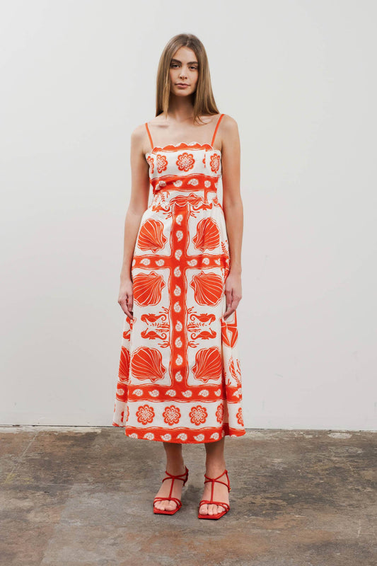 Moon River - SEA PRINT SCALLOP DETAIL MIDI DRESS
