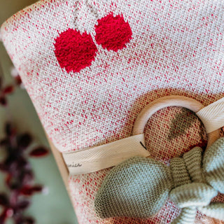 Viverano Organics - Cherry Organic Baby Blanket + Ring Rattle Toy Gift Set