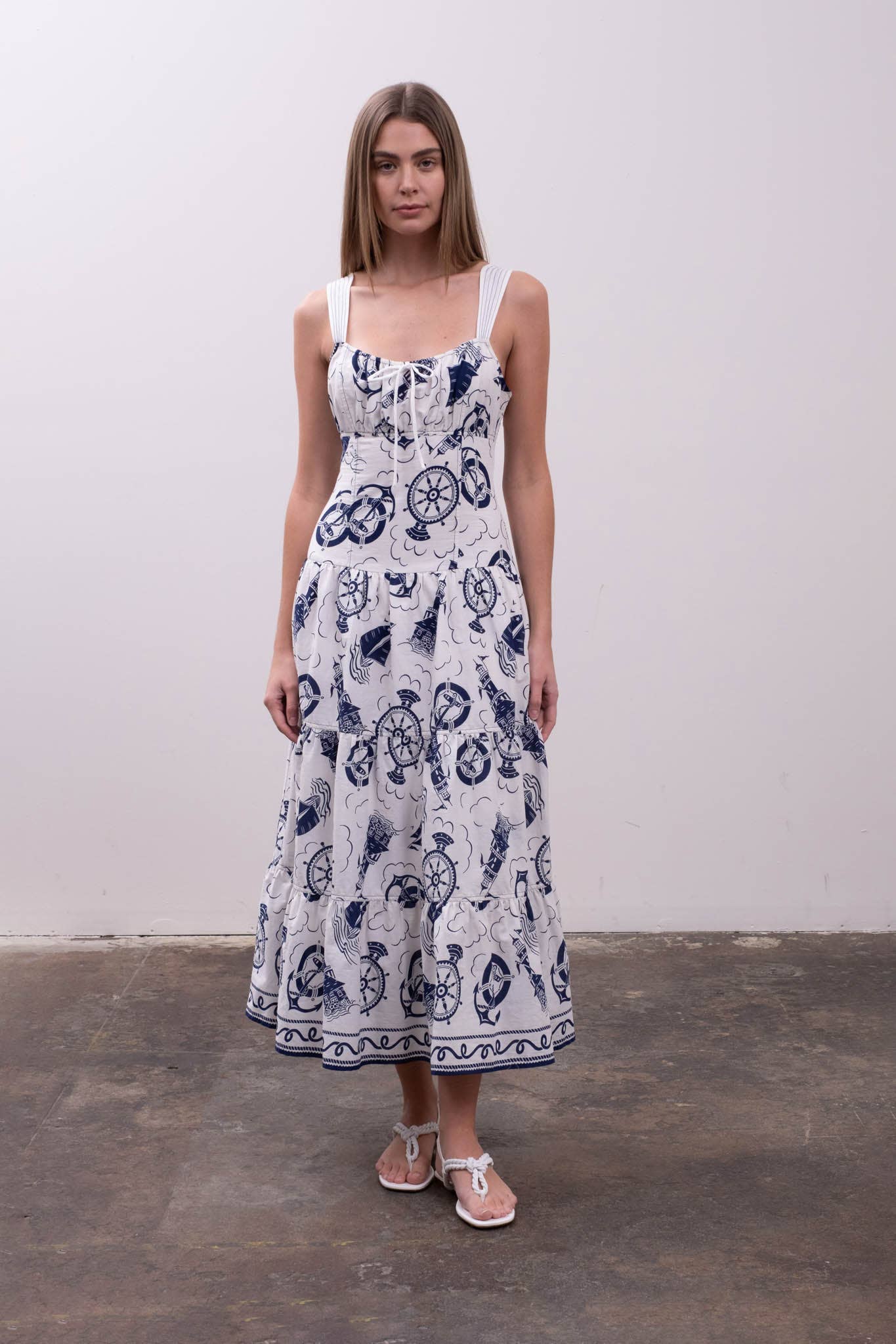 Moon River - SAILOR PRINT SLEEVELESS TIERED MIDI DRESS