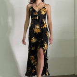 Moon River - FLORAL SLEEVELESS RUFFLE WRAP MAXI DRESS: BLACK MULTI