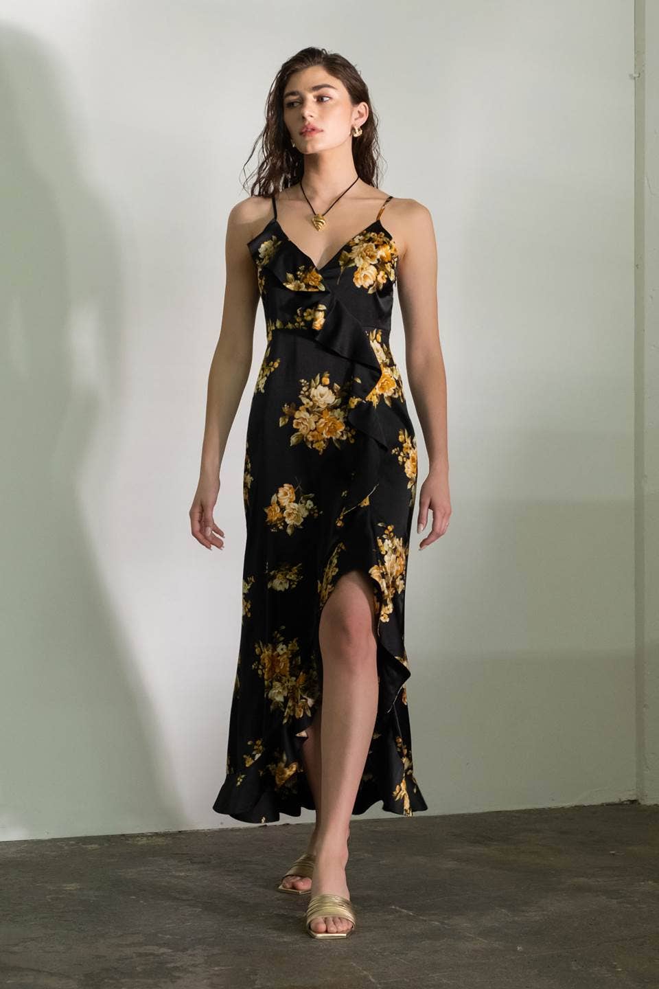 Image of Floral Sleeveless Ruffle Wrap Maxi Dress