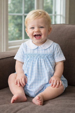 Marco and Lizzy - Sweet Spring Blue Checks Hand Smocked Boys Bubble