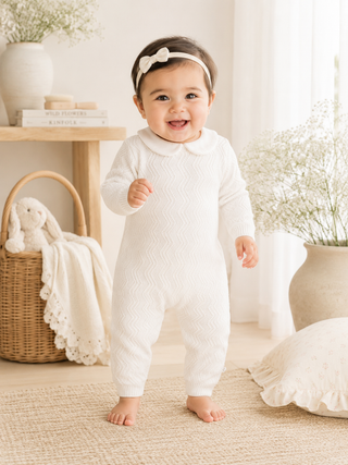 Viverano Organics - Dove White Knit Peter Pan Chevron Baby Jumpsuit (Organic)