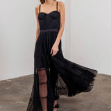 Moon River - PLEATED TULLE SEMI-SHEER TIERED DRESS: BLACK