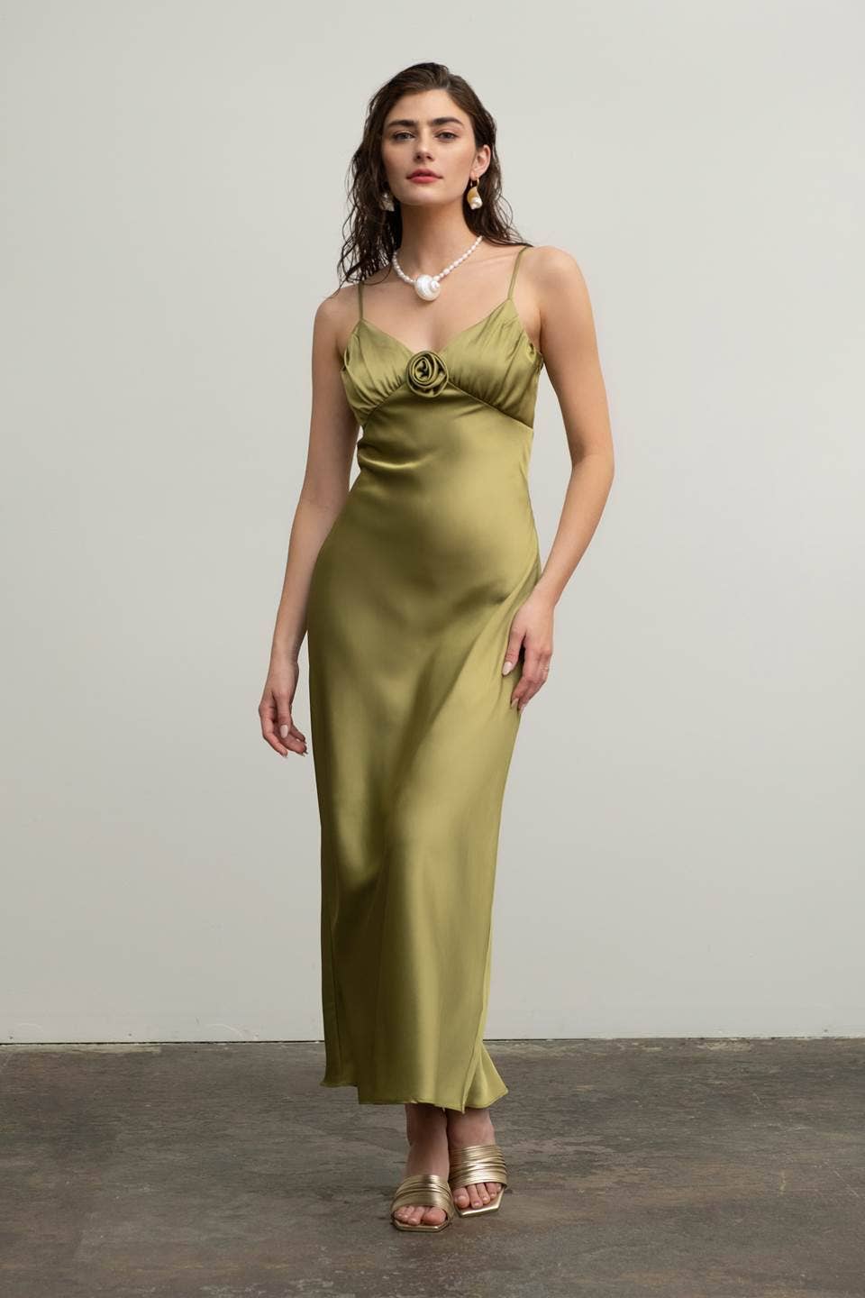 Image of Satin Rosette Sleeveless Maxi Dress
