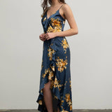 Moon River - FLORAL SLEEVELESS RUFFLE WRAP MAXI DRESS: BLACK MULTI